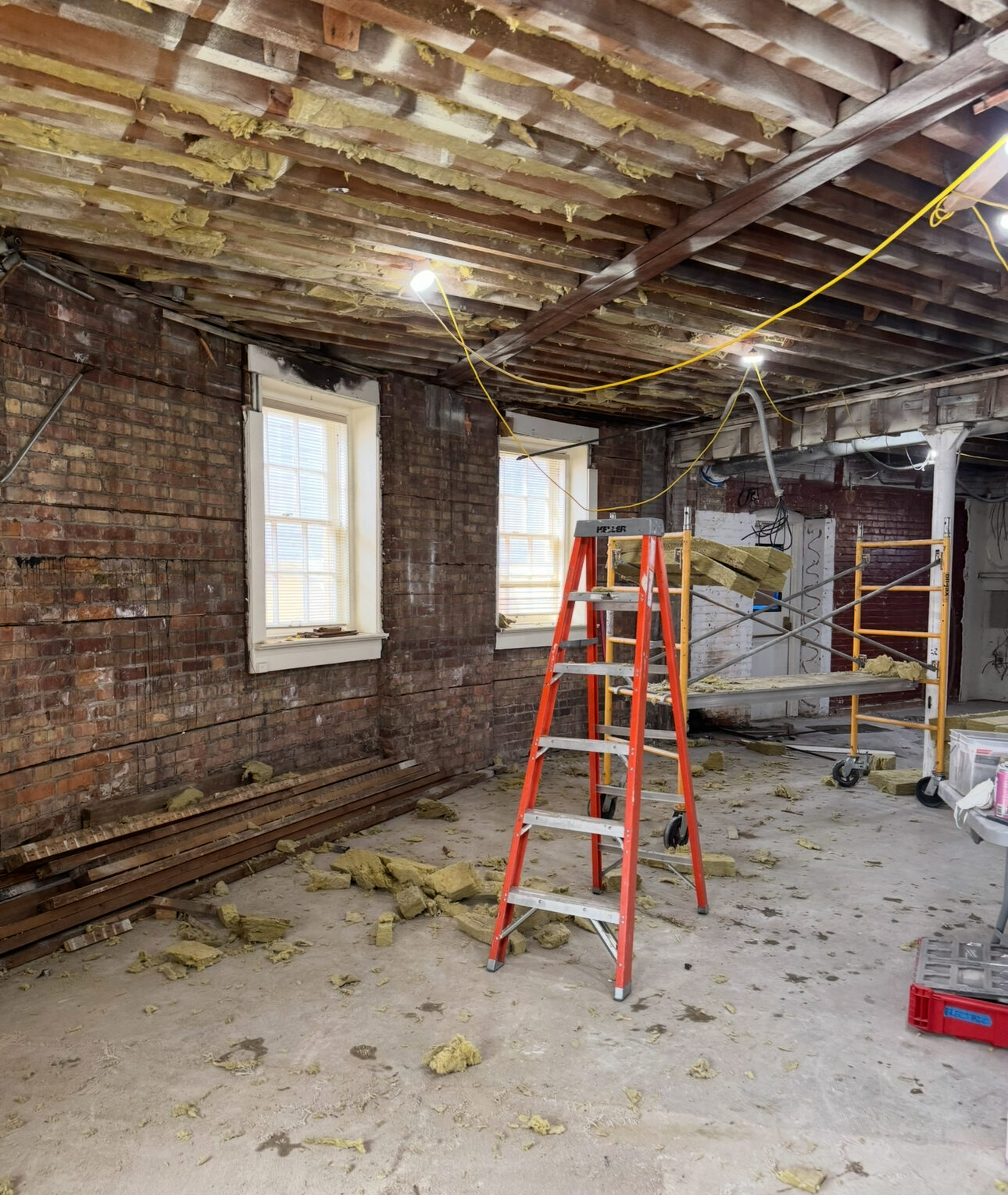 Basement before — exposed brick, ladder, raw construction